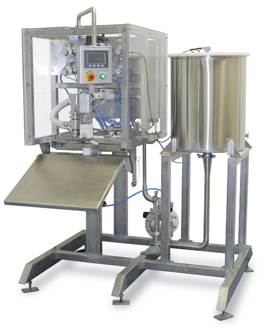 TORR 140 filler shown with optional 30 gallon open top <br>balance tank and optional air operated diaphragm pump.